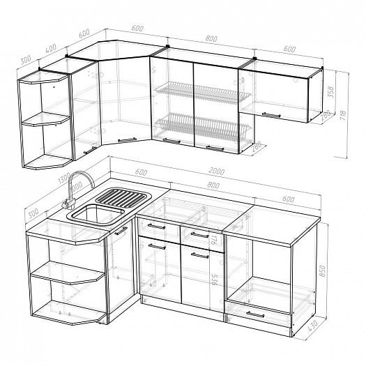 Кухонный гарнитур "Илона прайм" угловой 2000*1300 мм - Кухонный гарнитур Илона прайм - размеры