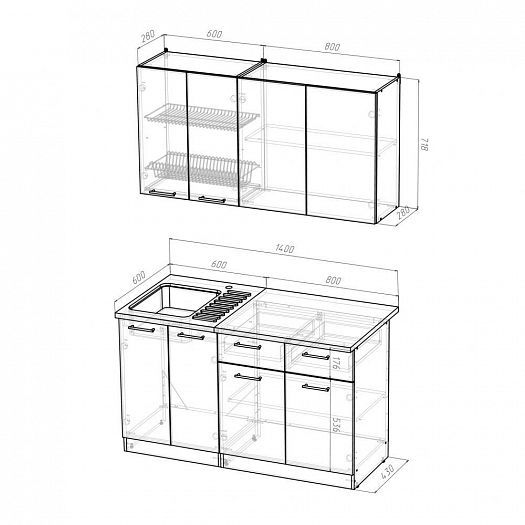 Кухонный гарнитур "Сабрина медиум" 1400 мм - Кухонный гарнитур Сабрина медиум 1400 - размеры