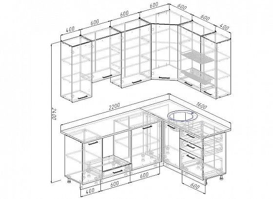 Угловой кухонный гарнитур "Гранж" 2200*1600 мм - схема