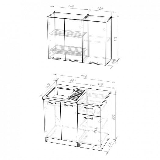 Кухонный гарнитур "Илона мини" 1000 мм - Кухонный гарнитур Илона мини 1000 - размеры