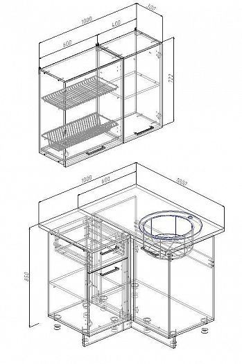 Угловой кухонный гарнитур "Антрацит" 1000х1000 мм - схема