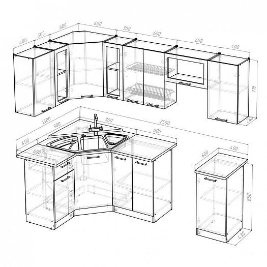 Кухонный гарнитур "Сабрина оптима" угловой 2500*1300 мм - Кухонный гарнитур Сабрина оптима - размеры