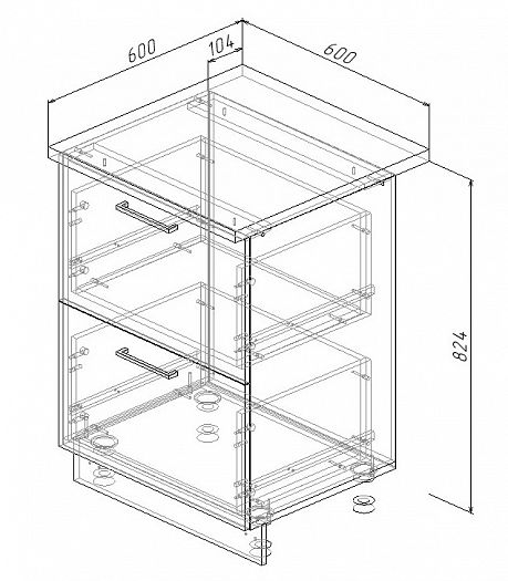 Модуль нижний 2 ящика "Бланка" Арт. МН2Я 60 (без столешницы) - схема