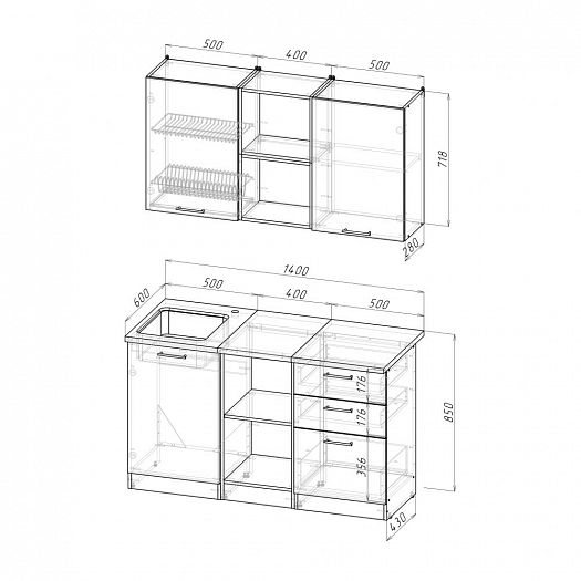 Кухонный гарнитур "Надежда медиум 4" 1400 мм - Кухонный гарнитур "Надежда медиум 4" 1400 мм - схема