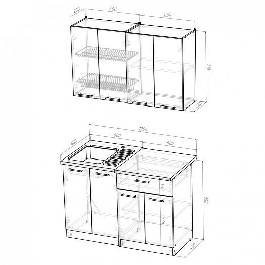 Кухонный гарнитур "Сабрина лайт" 1200 мм - Кухонный гарнитур Сабрина лайт 1200 - размеры