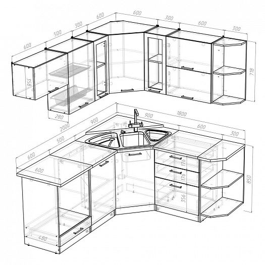 Кухонный гарнитур "Илона оптима" угловой 2000*1800 мм - Кухонный гарнитур Илона оптима - размеры