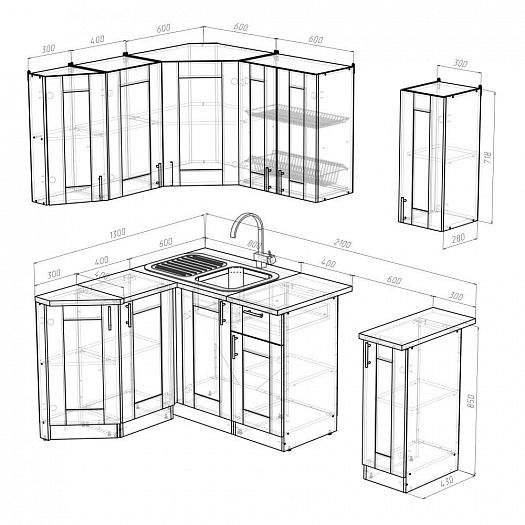 Кухонный гарнитур "Ника литл" угловой 1500*1300 мм - Кухонный гарнитур Ника литл - размеры