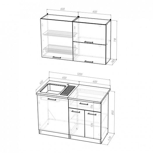 Кухонный гарнитур "Лиана лайт" 1200 мм - Кухонный гарнитур Лиана лайт 1200 - размеры