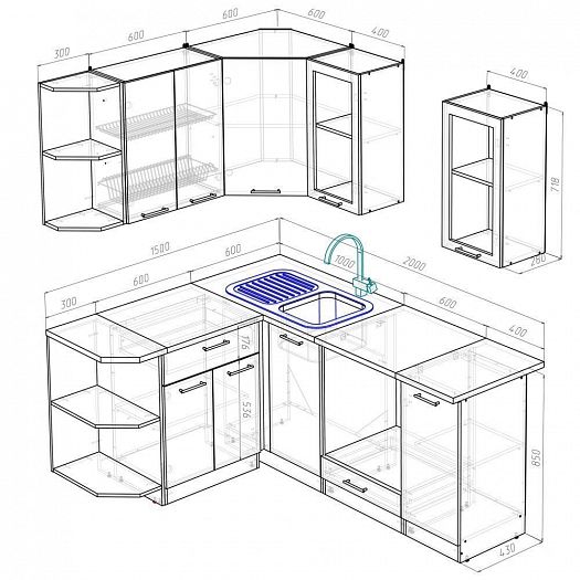 Кухонный гарнитур "Яна прайм" угловой 2000*1500 мм - Кухонный гарнитур Яна прайм - размеры