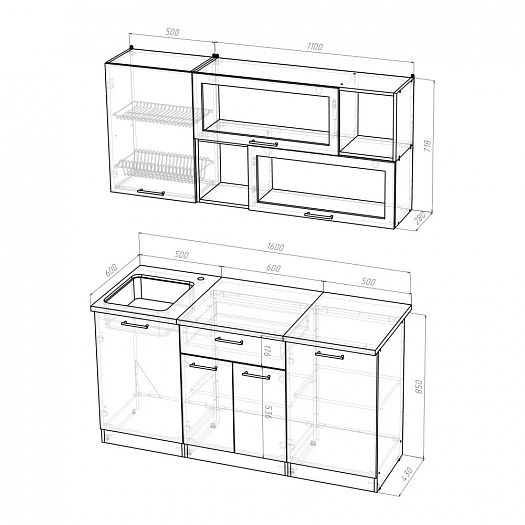 Кухонный гарнитур "Яна стандарт" 1600 мм - Кухонный гарнитур Яна стандарт 1600 - размеры