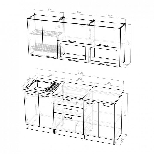 Кухонный гарнитур "Полина макси" 1800 мм - Кухонный гарнитур Полина макси 1800 - размеры